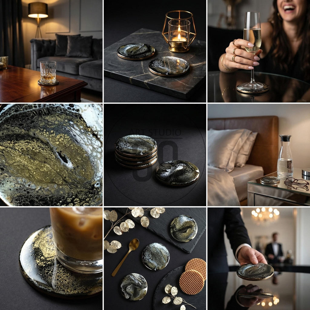 Round coasters with a black, gold, and white marbled design. The coasters have a glossy finish and a gold-colored edge. The coasters are shown in various settings, including a living room, bedroom, and dining table.