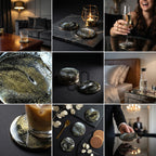 Round coasters with a black, gold, and white marbled design. The coasters have a glossy finish and a gold-colored edge. The coasters are shown in various settings, including a living room, bedroom, and dining table.