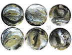 Six round coasters with an abstract design in black, gold, and white. The coasters have a glossy finish and a unique, fluid pattern. The text "ART STUDIO 39" is in the center. These coasters are perfect for adding a touch of modern art to any home.