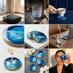 A collection of blue and gold resin coasters. The coasters have a marbled effect with shades of blue and white, and a gold trim. The coasters are shown in various settings, including with drinks and on a coffee table.
