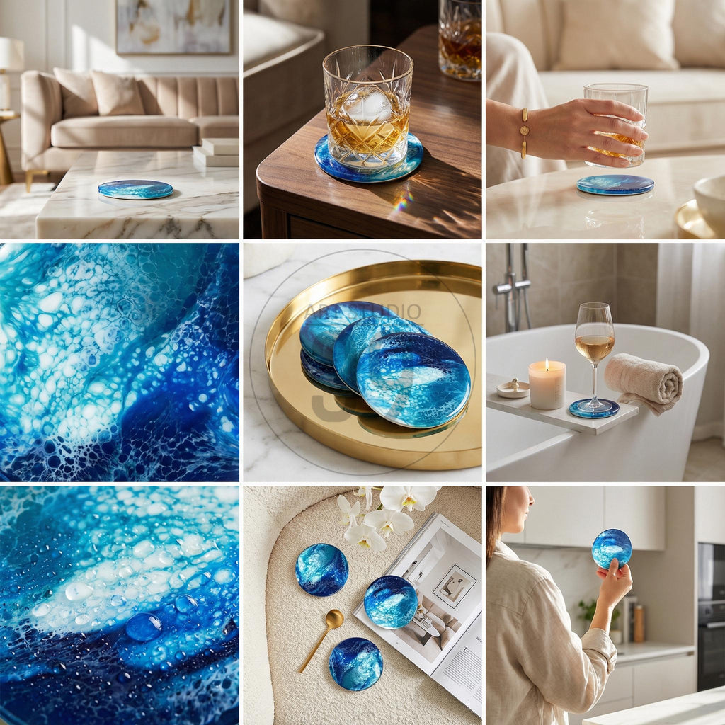 Round coasters with a blue and white abstract design, resembling ocean waves. The coasters are made of a glossy material and are shown in various settings, including a living room, bathroom, and kitchen. They are used to hold glasses and drinks.