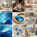 Round coasters with a blue and white abstract design, resembling ocean waves. The coasters are made of a glossy material and are shown in various settings, including a living room, bathroom, and kitchen. They are used to hold glasses and drinks.
