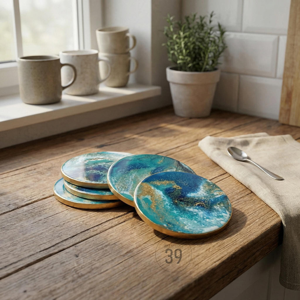 A stack of six round coasters with a blue and gold abstract design. The coasters have a gold trim and are arranged on a wooden surface. The image also shows mugs, a plant, and a spoon.