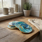 A stack of six round coasters with a blue and gold abstract design. The coasters have a gold trim and are arranged on a wooden surface. The image also shows mugs, a plant, and a spoon.