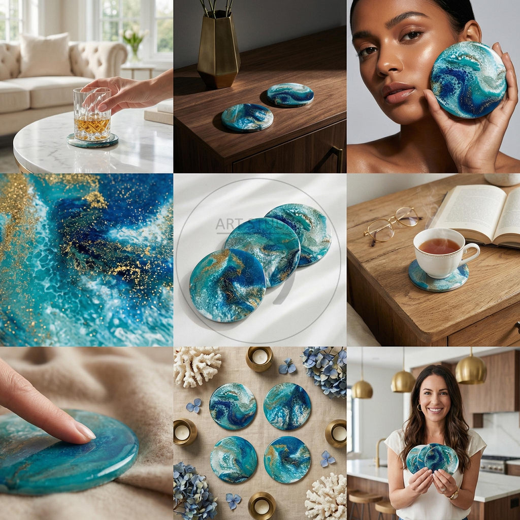 A collection of round coasters with a blue, teal, and gold abstract design. The coasters are made of a glossy material and appear to be resin. The coasters are shown in various settings, including on a table with a drink, and held by a person.