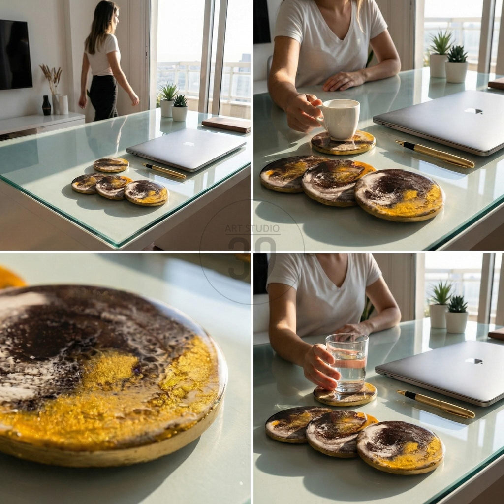 Set of four round coasters with a unique design. The coasters feature a blend of brown, gold, and white colors, creating a marbled effect. A laptop, pen, and a cup are also visible on the table.