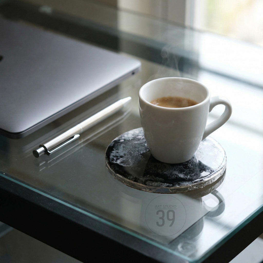 A white ceramic coffee cup with a dark liquid sits on a black and gray coaster. A silver pen and a laptop are on a glass surface. The coaster has a marbled design. The text "ART STUDIO 39" is visible.