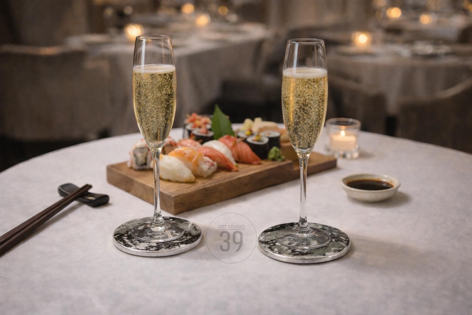 Two champagne flutes filled with sparkling wine sit on a table, next to a wooden board of sushi and a small bowl of soy sauce. The flutes rest on decorative coasters. Chopsticks are placed on the table. The scene is set in a restaurant.