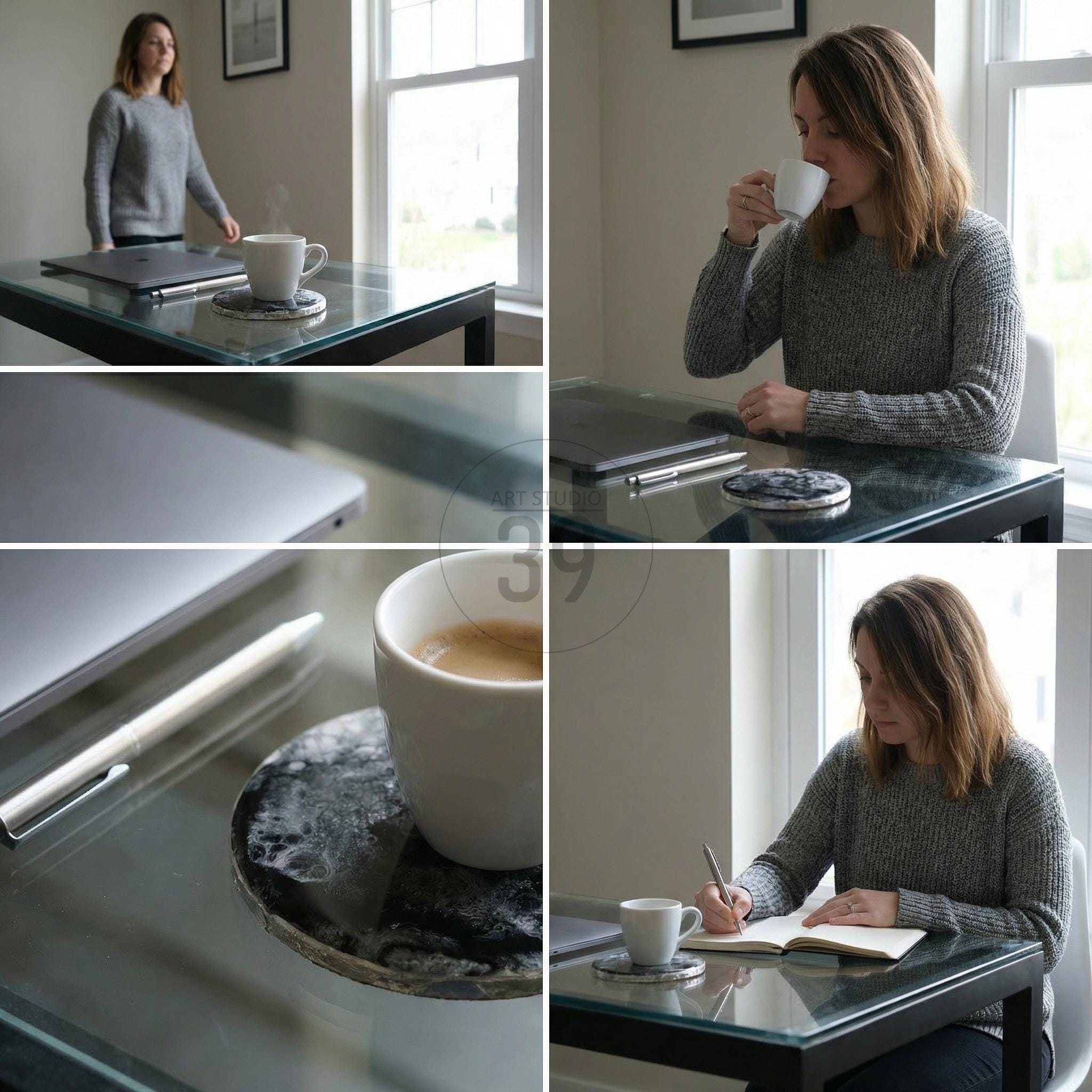 A glass-top desk with a laptop, pen, and a white coffee cup on a coaster. The coaster has a dark, marbled design. A person is seen in the background, wearing a gray sweater.