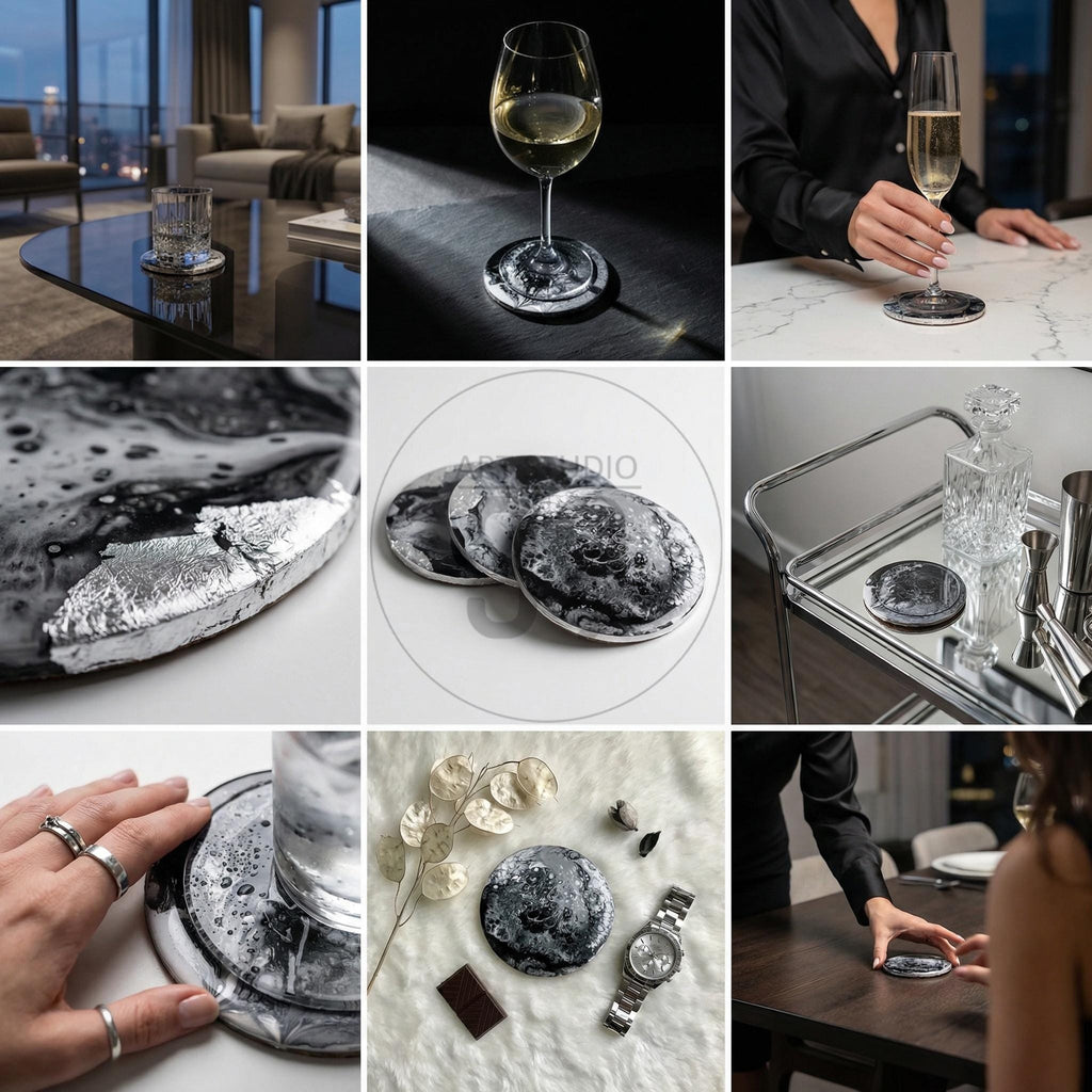 A collection of round coasters with a marbled black and silver design. The coasters are shown with glasses of wine and water, and on a bar cart. The coasters are a stylish addition to any home bar.