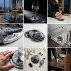A collection of round coasters with a marbled black and silver design. The coasters are shown with glasses of wine and water, and on a bar cart. The coasters are a stylish addition to any home bar.
