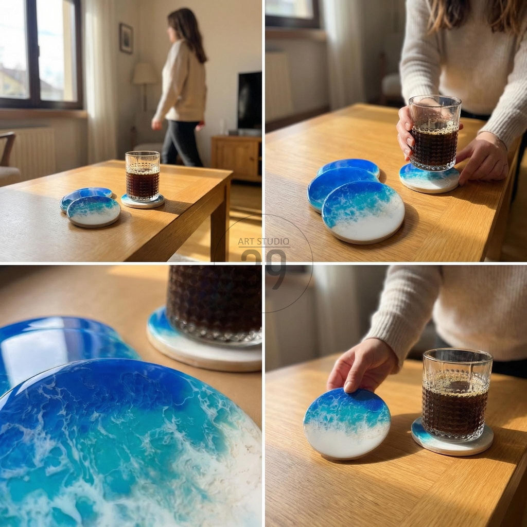 Round coasters with a resin ocean wave design in shades of blue and white. The coasters are placed on a wooden table, with a glass of coffee on one of them. The coasters are approximately 4 inches in diameter.