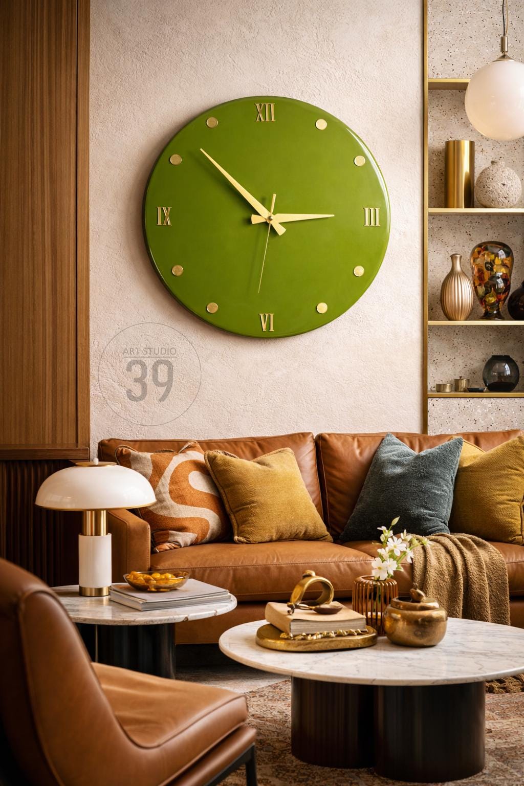 A large, round, olive green wall clock with gold-colored hands and hour markers. The clock is mounted on a neutral-colored wall above a brown leather sofa with decorative pillows. The scene is part of a living room interior.
