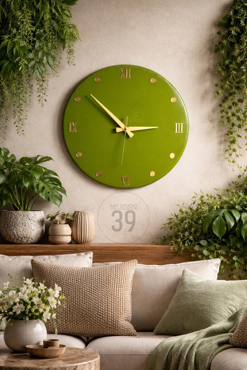 A large, round, olive green wall clock with gold-colored hands and Roman numerals. The clock is mounted on a light-colored wall, surrounded by greenery and decorative pillows. The clock's diameter is approximately 18 inches.