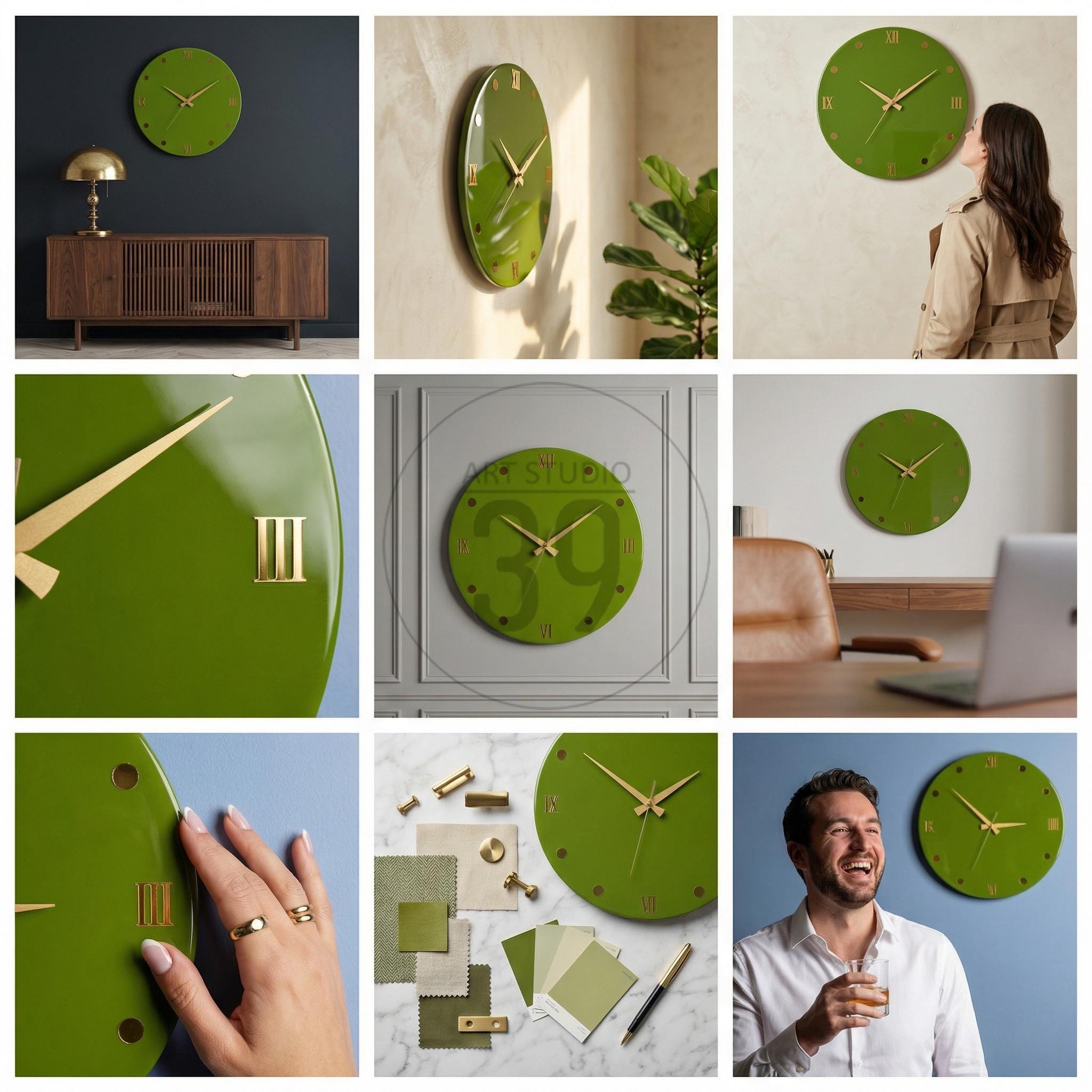 A collection of green wall clocks with gold-colored hands and Roman numeral hour markers. The clocks are round and oval-shaped, with a glossy finish. Some clocks have the number 39 printed on them. The clocks are displayed in various settings.