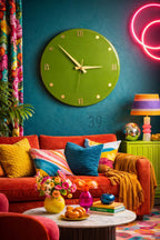 A vibrant living room scene featuring a large, green wall clock with gold accents. A red sofa is adorned with colorful pillows. A lamp with a striped shade and a neon light add to the room's eclectic decor. A coffee table displays a vase of flowers and decorative objects.