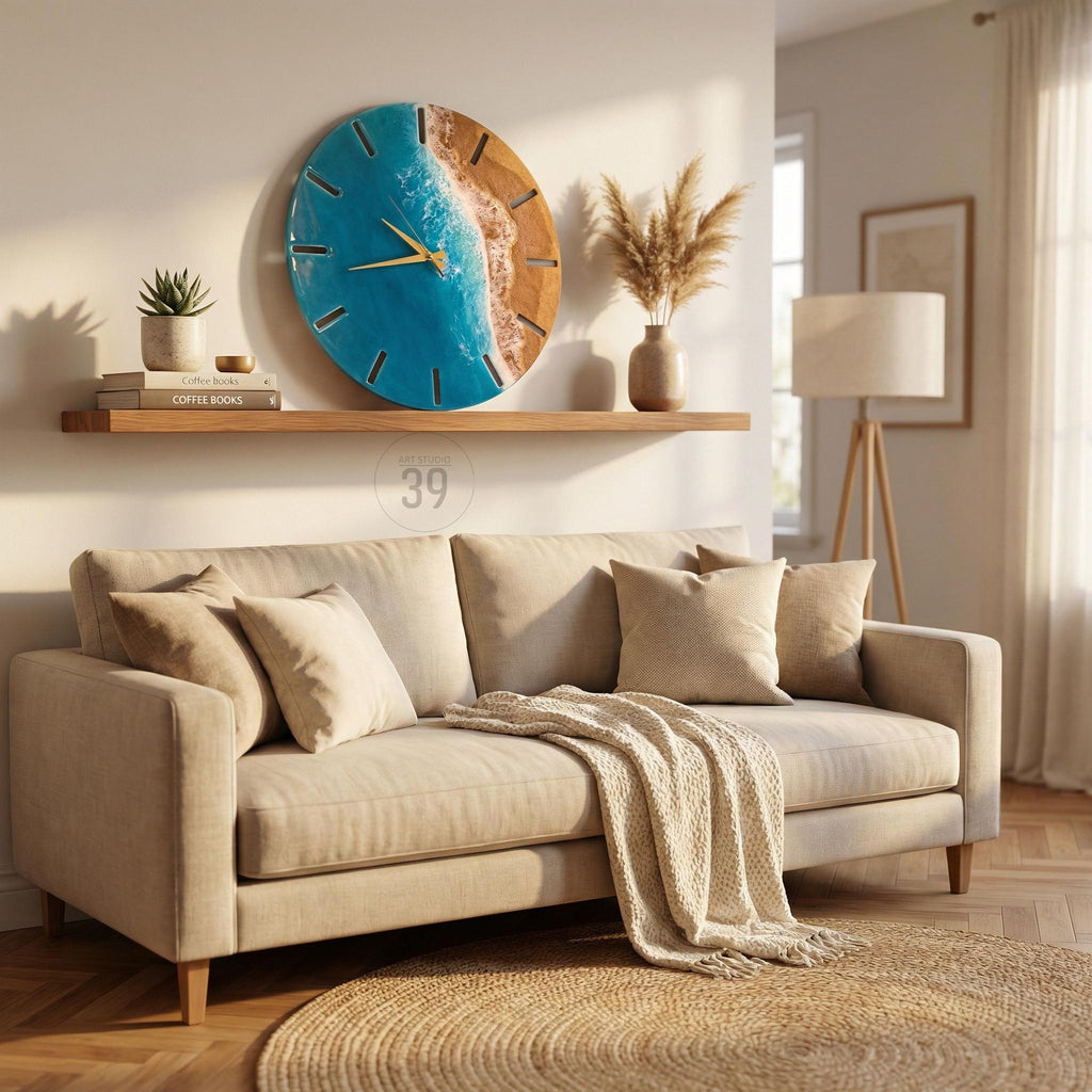 A large, round wall clock with a blue resin ocean design and gold-colored hands. The clock is mounted on a white wall above a beige sofa with throw pillows and a blanket. A wooden shelf holds books and a potted plant.