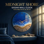 A round wall clock with a beach scene design. The clock face features a blue ocean, sandy shore, and gold clock hands. The text "MIDNIGHT SHORE OCEAN WALL CLOCK" is at the top. Available in 15.7, 19.7, and 23.6 inches.