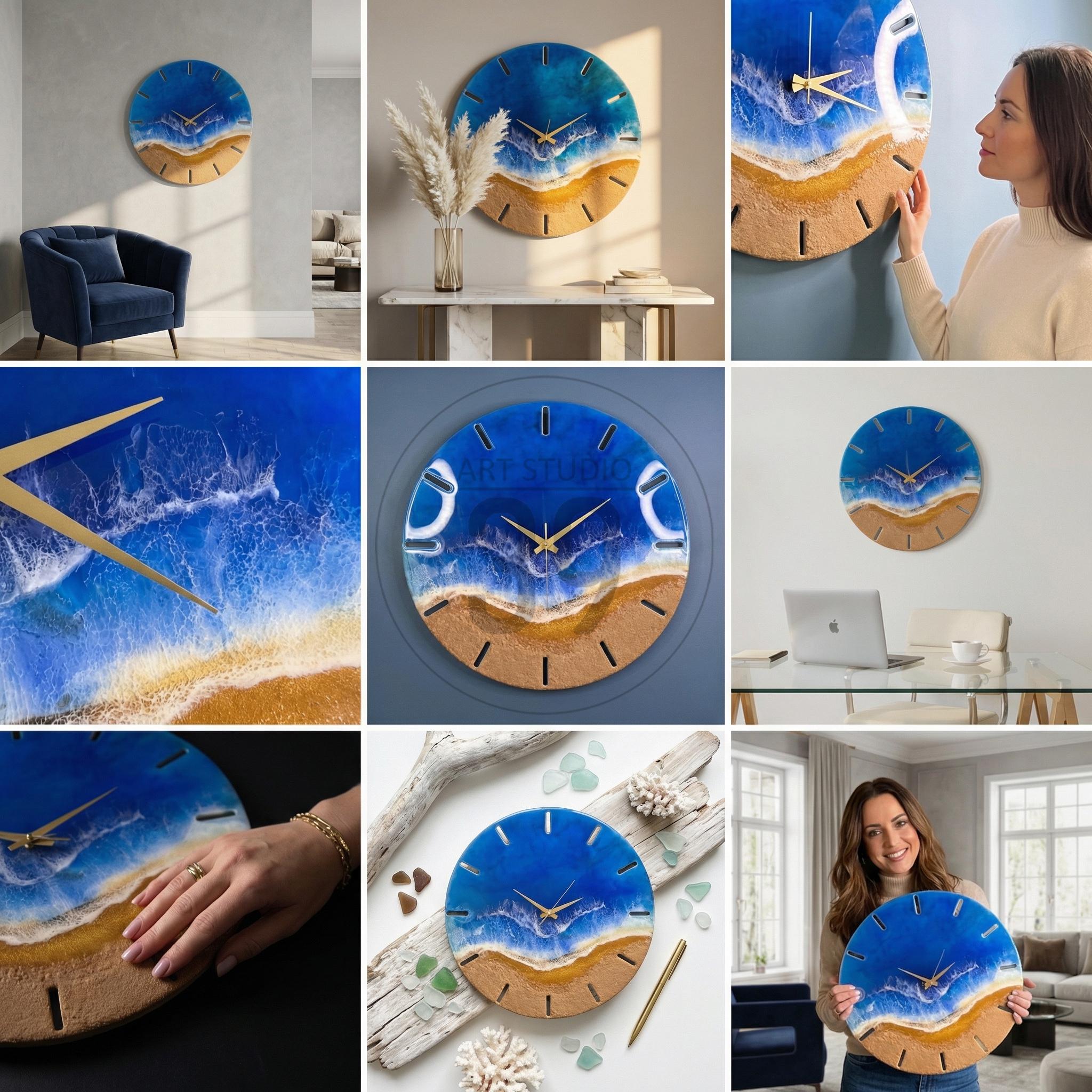 Round wall clock with a blue and white ocean wave design, gold hands, and a tan beach-like bottom. The clock has a wood-like appearance and is a decorative home accent. The clock is approximately 12 inches in diameter.