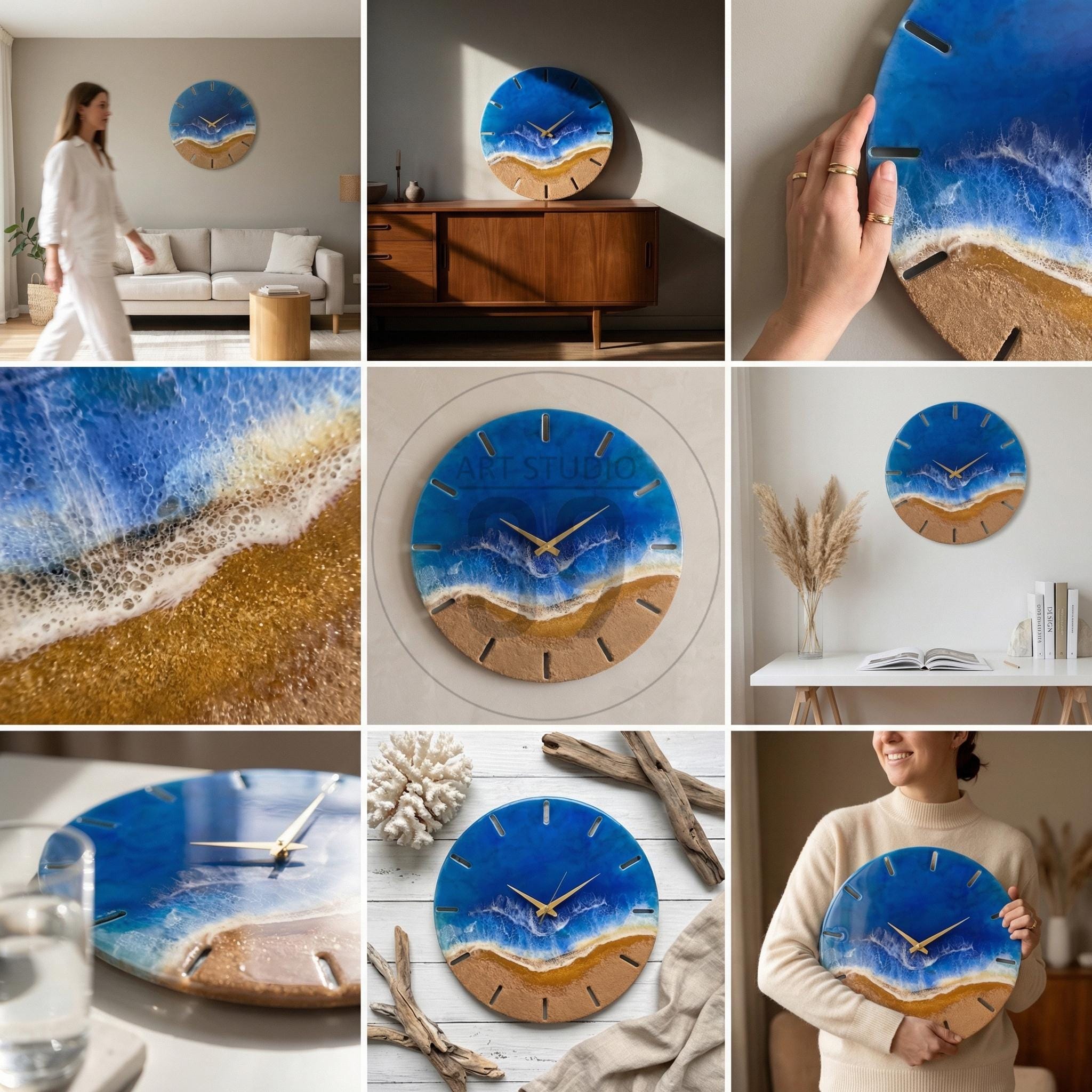 Round wall clock with a blue and white ocean design, featuring a sandy beach at the bottom. The clock has gold-colored hands and hour markers. The clock is approximately 12 inches in diameter.