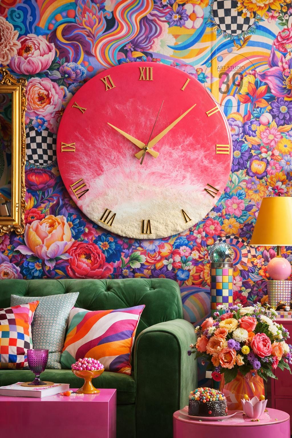 A large, round wall clock with a gradient pink and white face and gold-colored Roman numerals and hands. The clock is mounted on a vibrant floral wallpaper background. The clock measures approximately 24 inches in diameter.