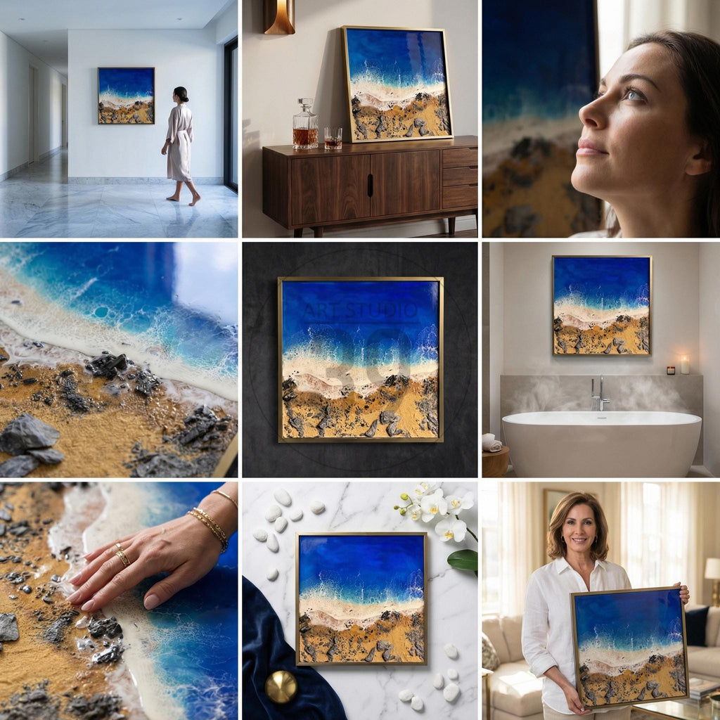Square framed artwork depicting a coastal scene. The art features a vibrant blue ocean, sandy beach, and rocky shoreline. The artwork is encased in a gold-colored frame. The art is displayed in various settings, including a hallway, bathroom, and living room.