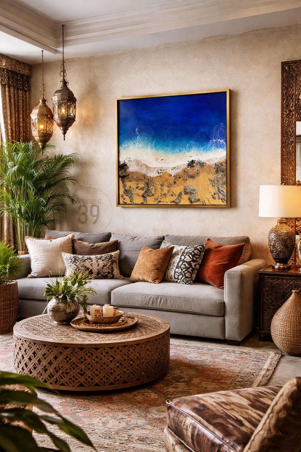 Living room with a gray sofa, decorative pillows, and a round wooden coffee table. A framed abstract painting of a beach scene hangs above the sofa. Decorative lanterns and a patterned rug complete the space.