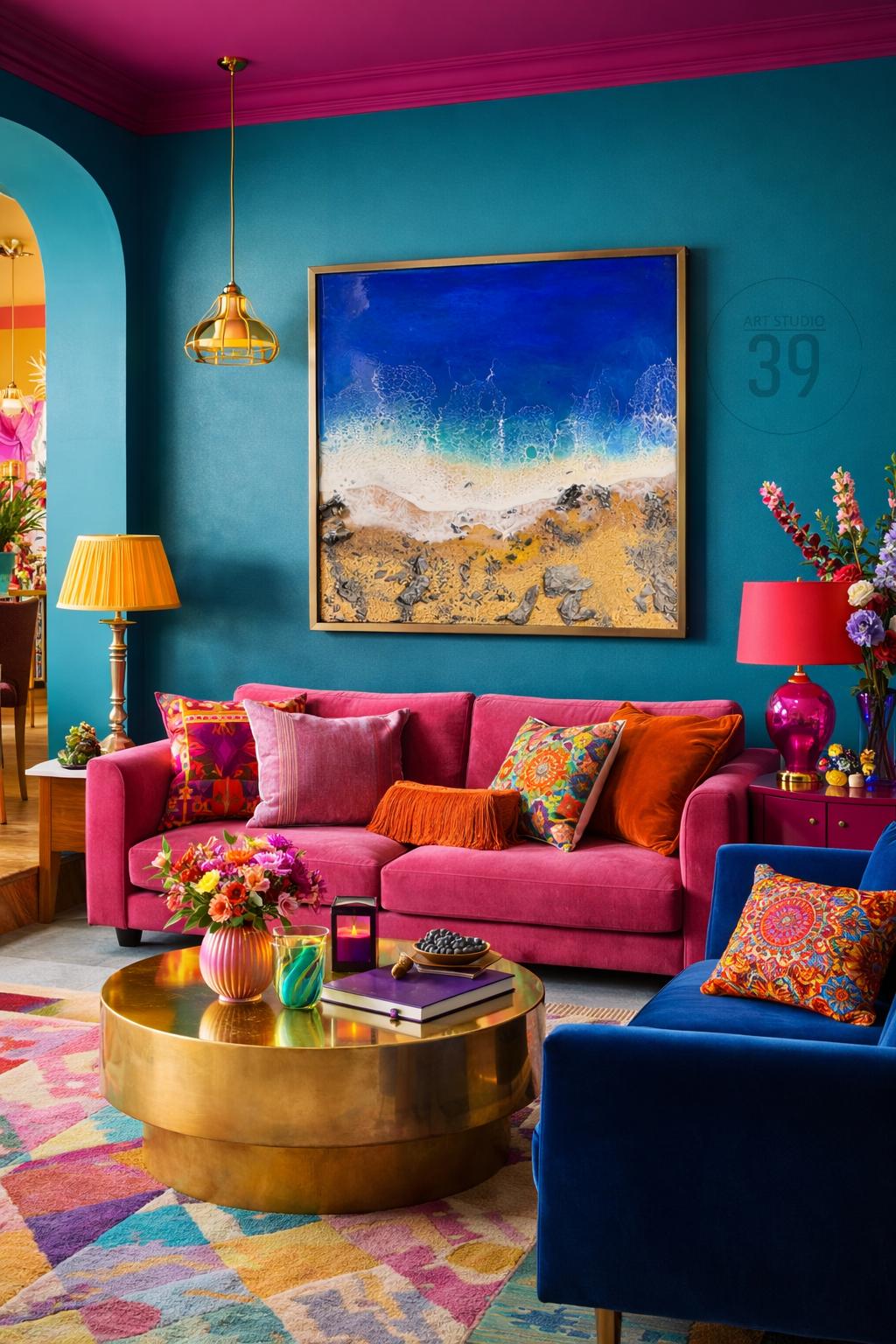 A vibrant living room with a pink sofa, blue armchair, and a gold coffee table. The walls are teal, and the ceiling is magenta. A framed artwork depicts a beach scene. Decorative pillows and lamps add color.
