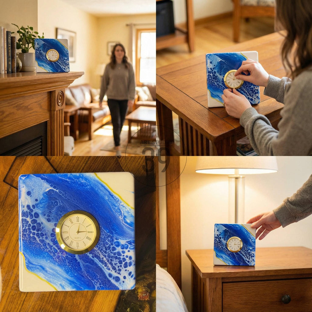 Square clock with a gold-tone clock face and Roman numerals, set within a blue and white abstract design. The clock is displayed on a wooden surface, showcasing a unique decorative piece.