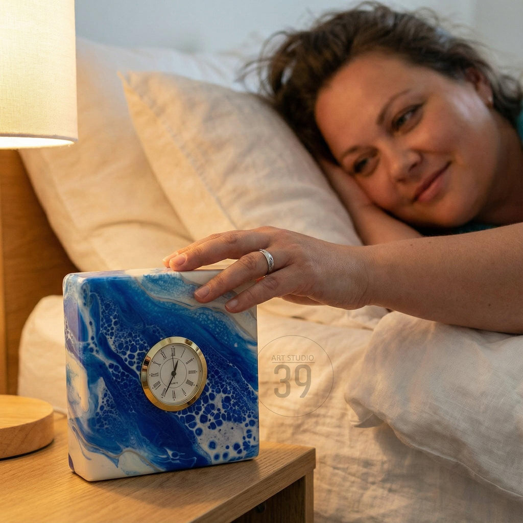 Square alarm clock with a blue and white abstract design. The clock face is gold with black numerals and hands. The clock is on a wooden nightstand next to a lamp.