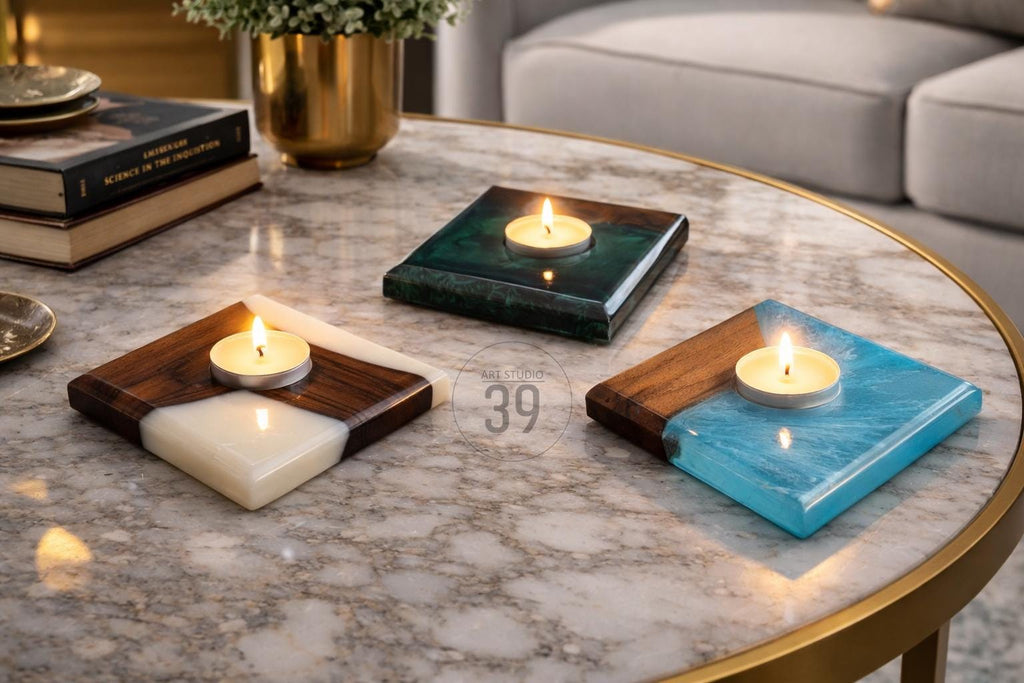 Classic Walnut  Resin Candle Holder – Handmade Tealight Holder – Solid Wood & High Gloss Resin (12x12 cm) Personalized Engraving Option