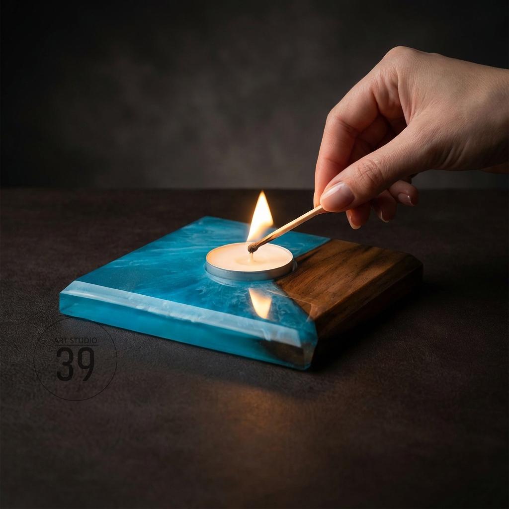 A teal and wood candle holder with a lit tea light. The holder is square, with a teal resin section and a brown wood section. A hand is lighting the candle with a match. The text "ART STUDIO 39" is in the lower left corner.