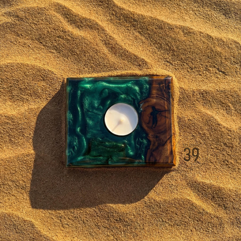 Classic Walnut  Resin Candle Holder – Handmade Tealight Holder – Solid Wood & High Gloss Resin (12x12 cm) Personalized Engraving Option