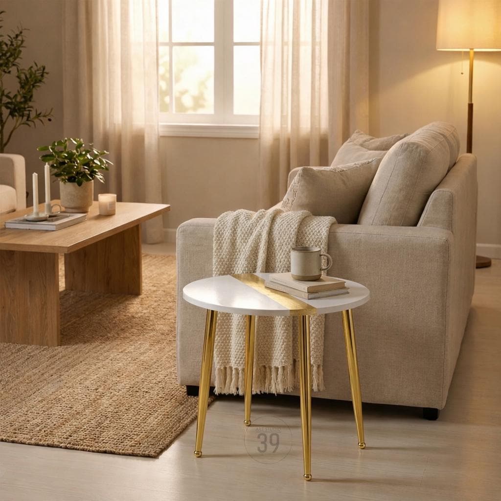 Handmade Round Coffee Table – White Resin with Gold Leaf Inlay