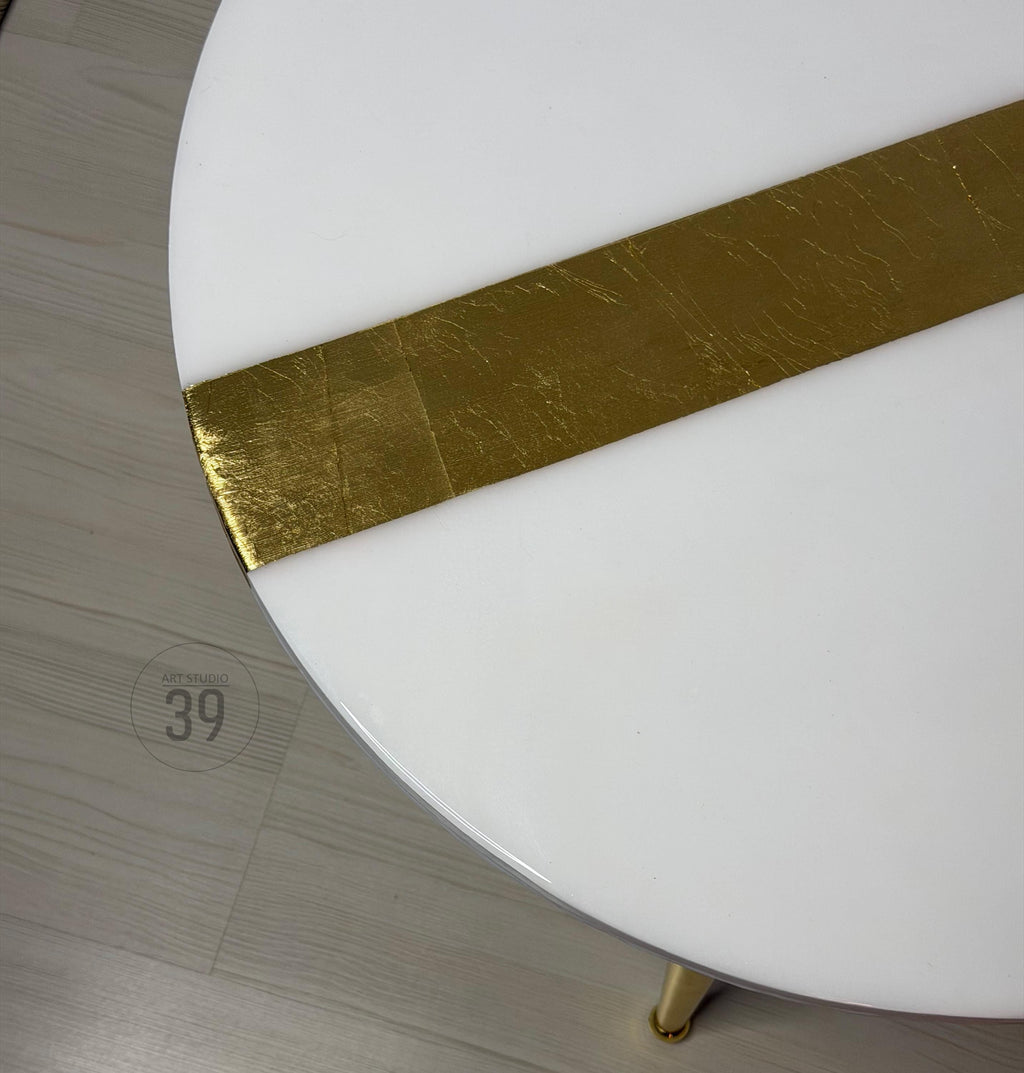 Handmade Round Coffee Table – White Resin with Gold Leaf Inlay