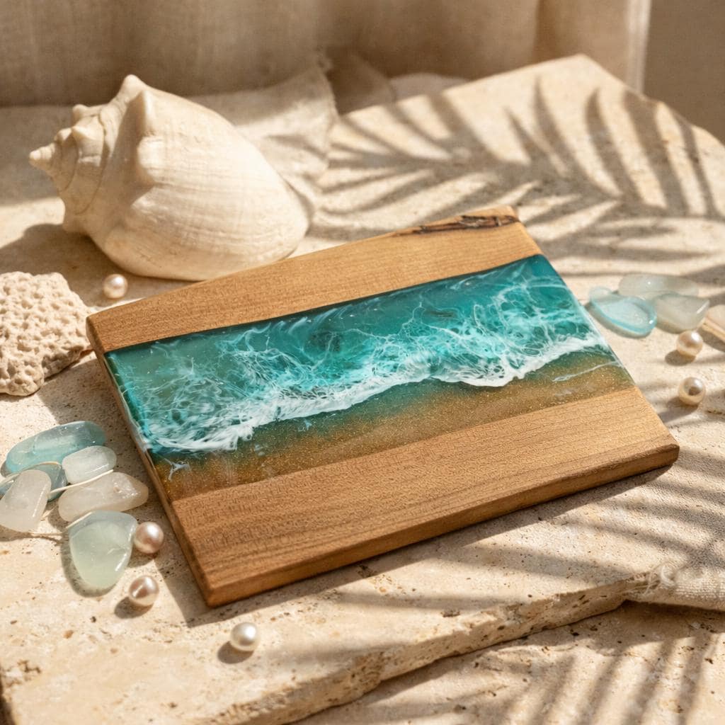 Wooden serving board with a turquoise resin ocean design. The board features a light brown wood base with a wave-like resin design in the center. The resin is a mix of turquoise and white, resembling ocean waves. The board is rectangular.