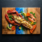 A cooked lobster with a cheesy topping, served on a wooden cutting board with a blue and sand-colored resin inlay. Garnished with parsley, edible flowers, and lemon slices. The lobster is bright red and orange.