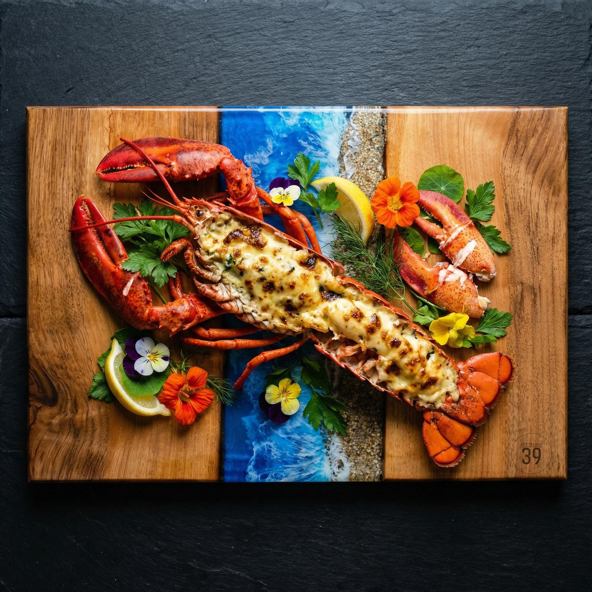 A cooked lobster with a cheesy topping, served on a wooden cutting board with a blue and sand-colored resin inlay. Garnished with parsley, edible flowers, and lemon slices. The lobster is bright red and orange.
