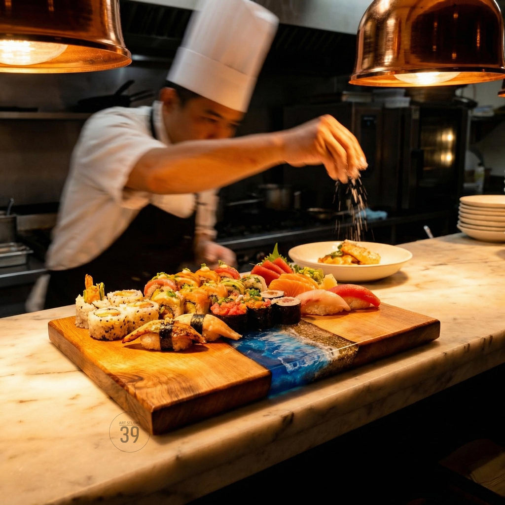 A wooden sushi serving board with a blue resin wave design, laden with a colorful assortment of sushi rolls, nigiri, and sashimi. A chef in a white hat and apron is seen seasoning the food. The board rests on a marble countertop.