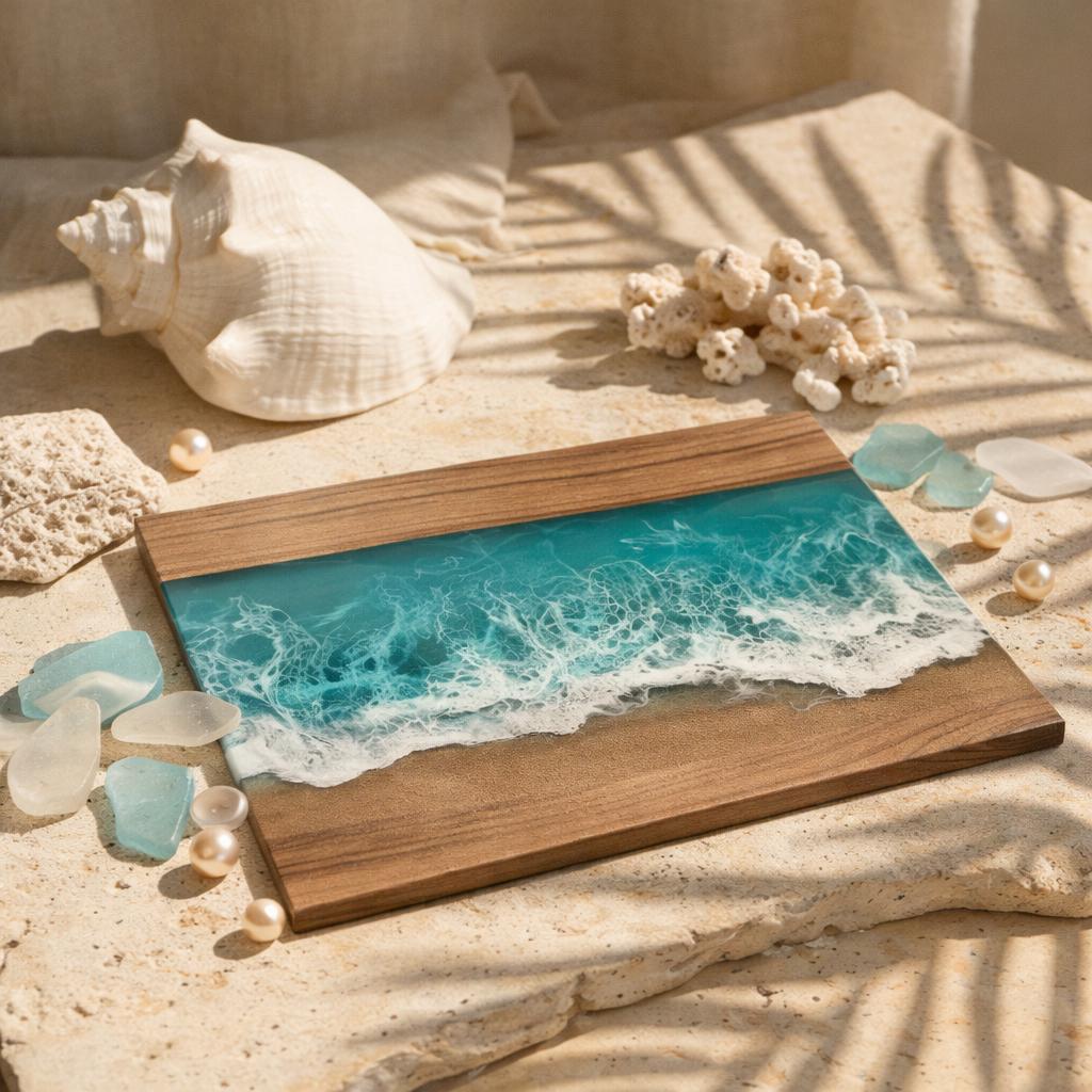 A rectangular wooden serving board with a resin ocean design. The board features a realistic depiction of ocean waves in shades of turquoise and white, with a sandy beach effect. Decorative elements include seashells and pearls.