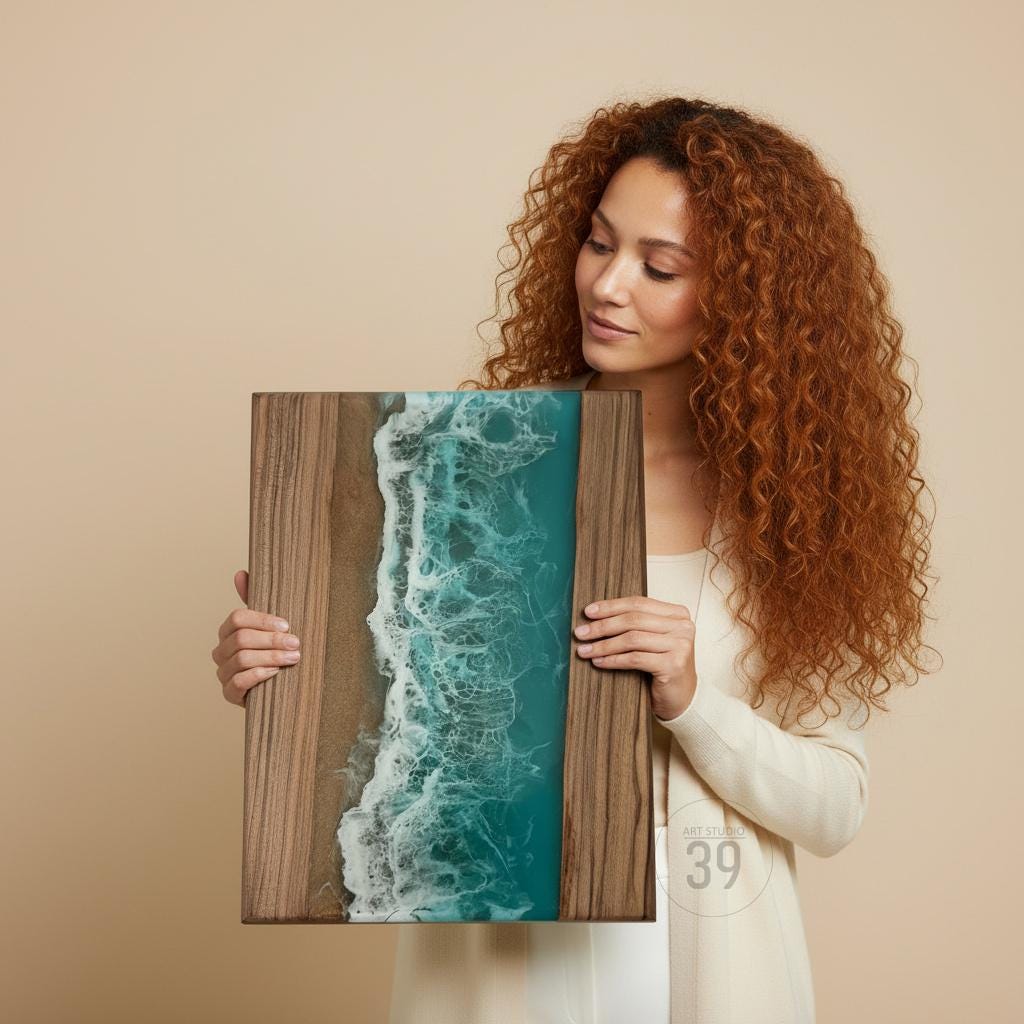 Wooden wall art featuring a beach scene with a turquoise ocean and sandy shore. The artwork is framed with dark wood and has a resin ocean effect. The piece is rectangular and evokes a coastal theme.