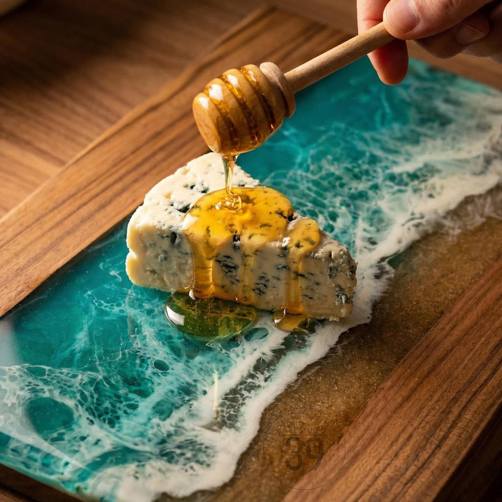 A wooden serving board with a resin ocean design, featuring a slice of blue cheese being drizzled with honey. The board has a wooden frame and a sandy beach effect.