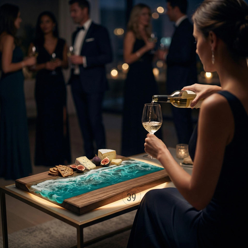 A wooden serving board with a turquoise resin wave design, holding cheese, crackers, and figs. A person pours white wine into a glass. The scene is set at a gathering with people in formal attire.