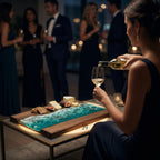 A wooden serving board with a turquoise resin wave design, holding cheese, crackers, and figs. A person pours white wine into a glass. The scene is set at a gathering with people in formal attire.