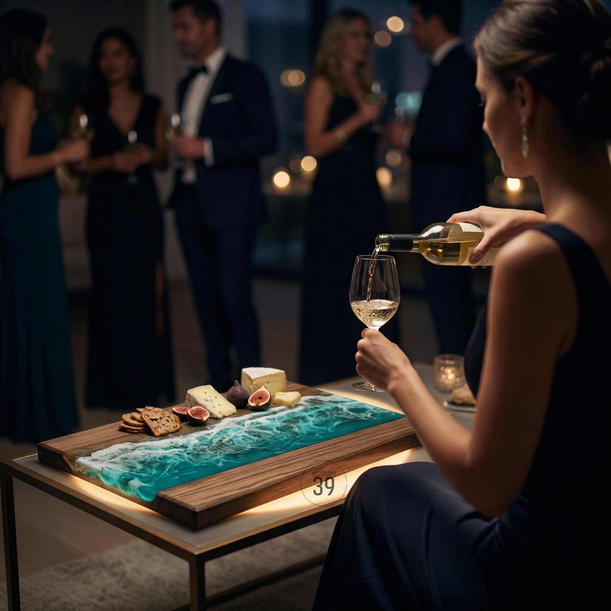 A wooden serving board with a turquoise resin wave design, holding cheese, crackers, and figs. A person pours white wine into a glass. The scene is set at a gathering with people in formal attire.