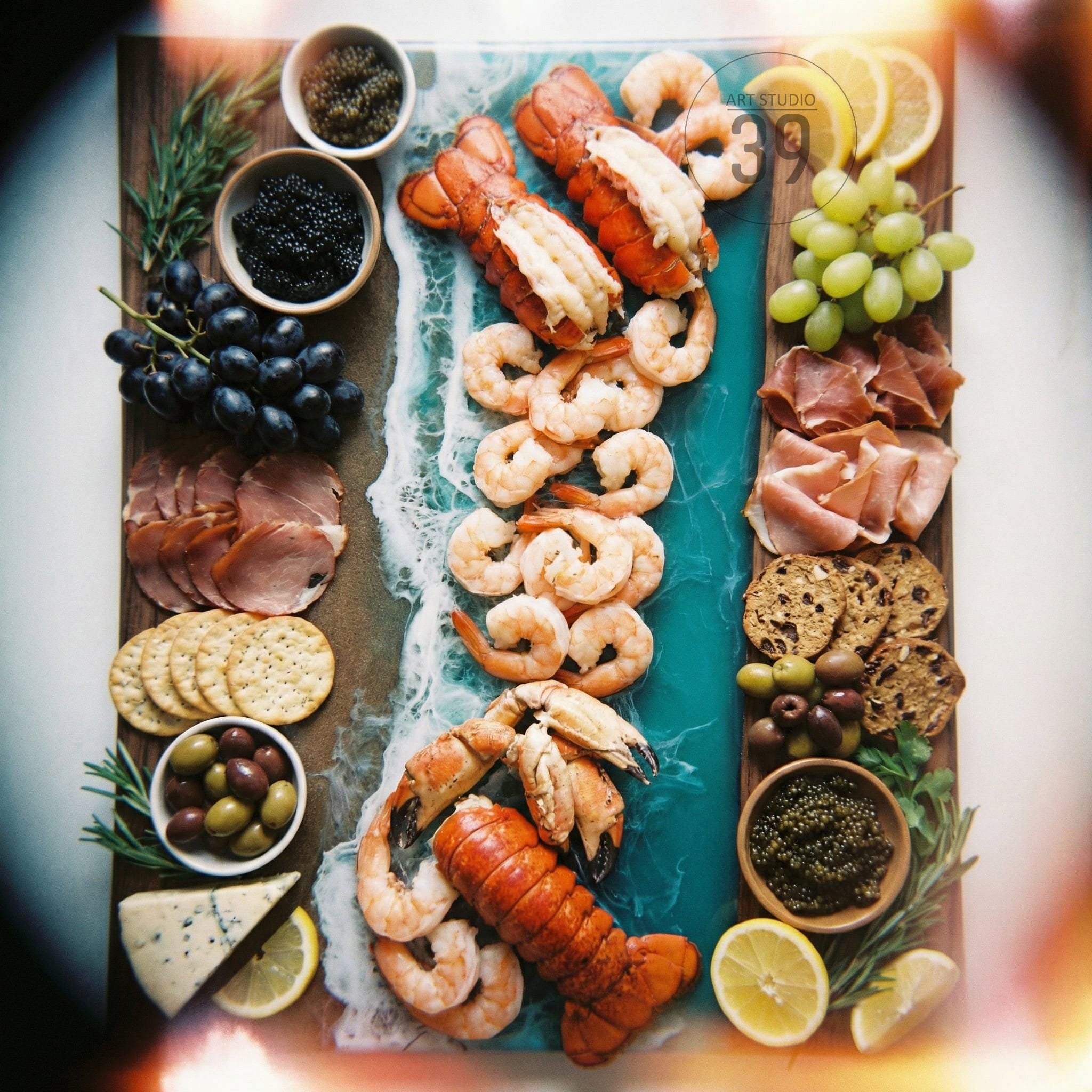 A wooden serving board with a blue and white resin river design, laden with seafood and accompaniments. Features lobster, shrimp, caviar, grapes, prosciutto, olives, crackers, and lemon slices. A visually appealing arrangement for entertaining.
