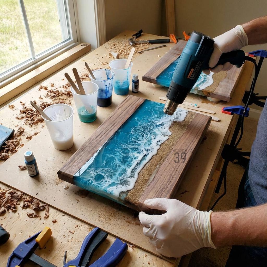 A woodworking project in progress, featuring wooden boards with a resin ocean design. The boards have a dark wood frame, with a blue and white resin ocean scene, and a sandy beach effect. A heat gun is being used on the resin.