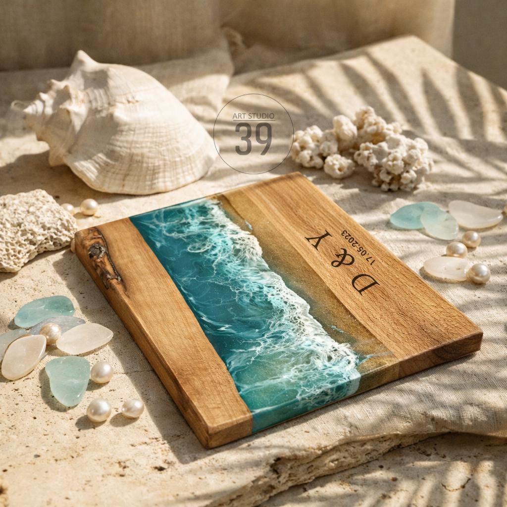Wooden cutting board with a resin ocean design. The board features a wave pattern in shades of blue and white, with wooden sections on either side. The initials "D &amp; Y" and the date "17.05.2023" are engraved on the wood.