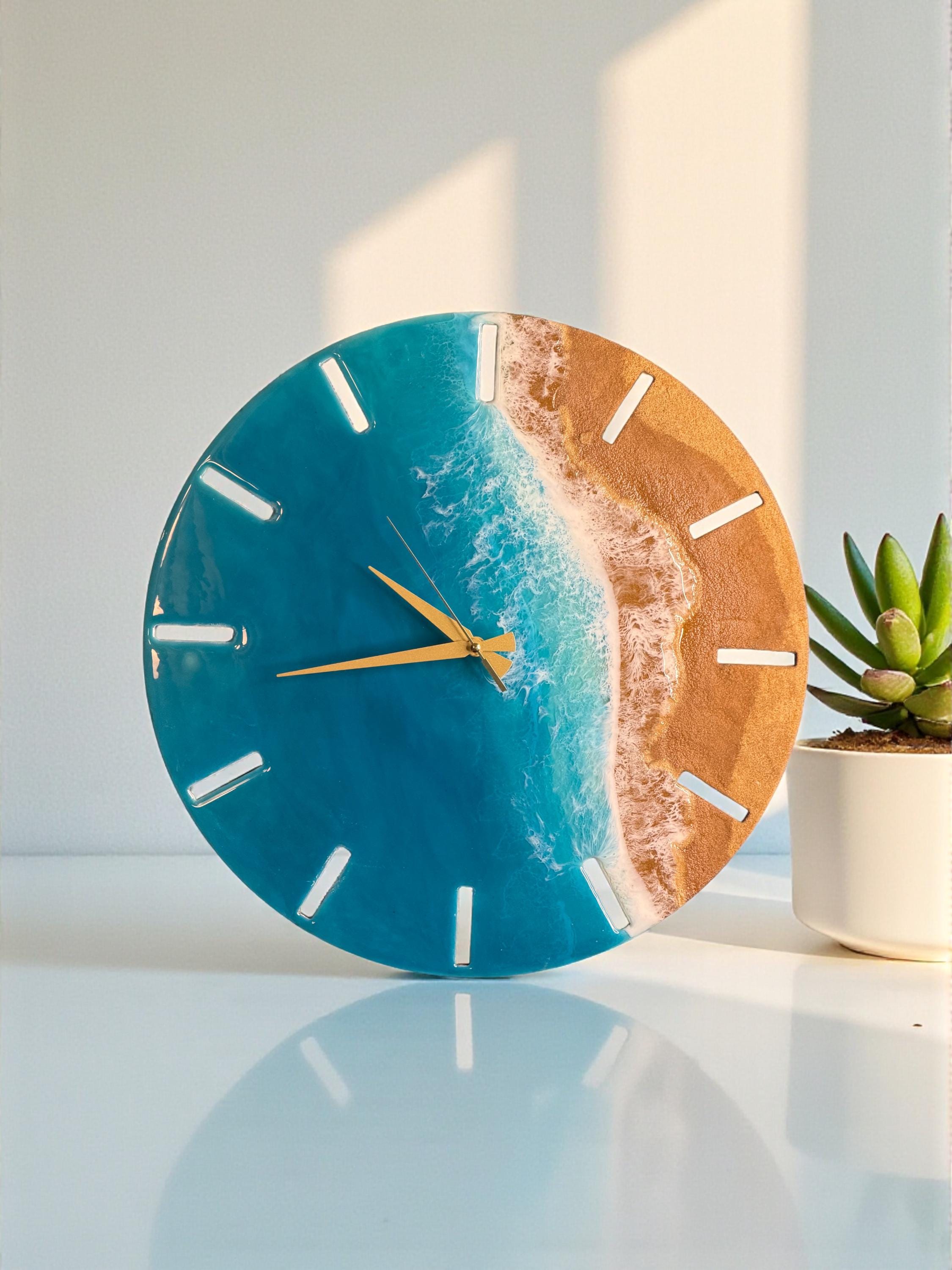 Handmade Beach Resin Wall Clock – Turquoise, Gold, Coastal Decor 40,50,60 cm