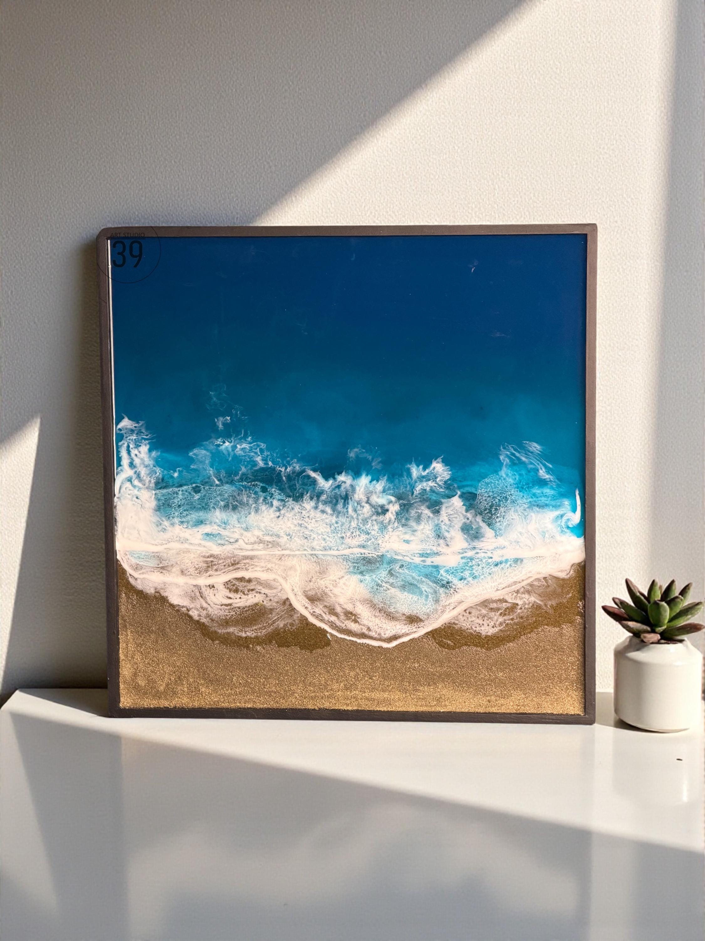 Handcrafted Ocean Resin Art – Framed Coastal Seascape (40x40 cm )